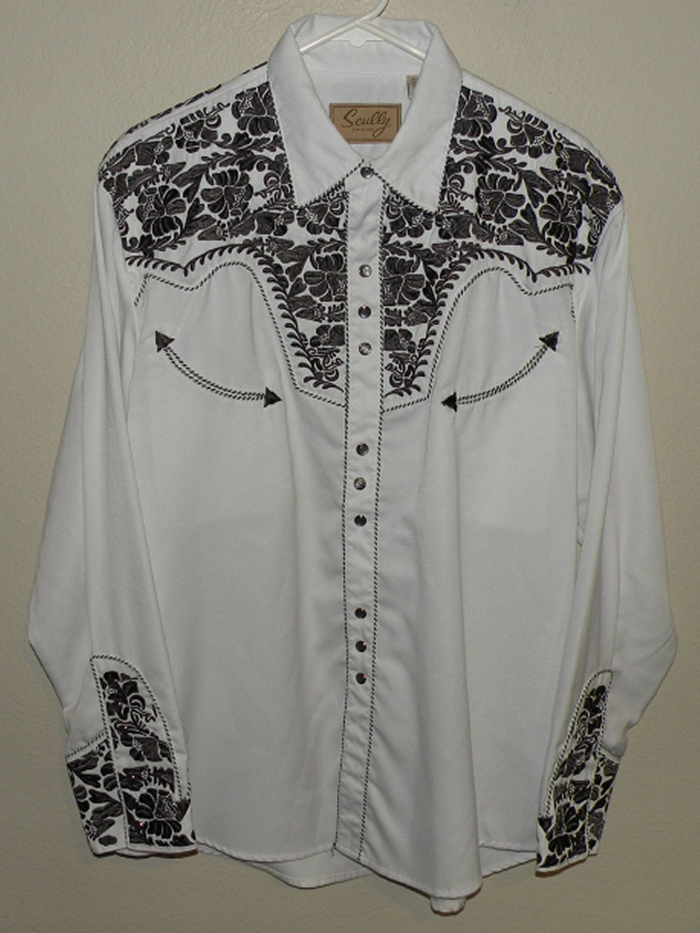 Scully Men’s Medium LS Western Pearl Snap Shirt White Pewter Floral Embroidery